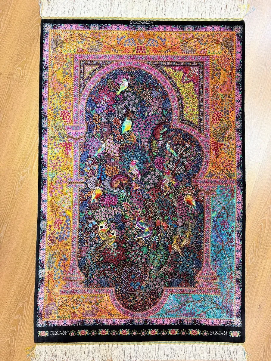Golden Aviary Portal handmade Qom pure silk carpet with songbirds, Tree of Life and colourful Mehrabi patchwork border