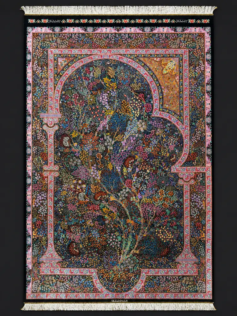 Rosewood Portal of Blossoms handmade Qom pure silk carpet with a monumental Tree of Life and floral mosaic border
