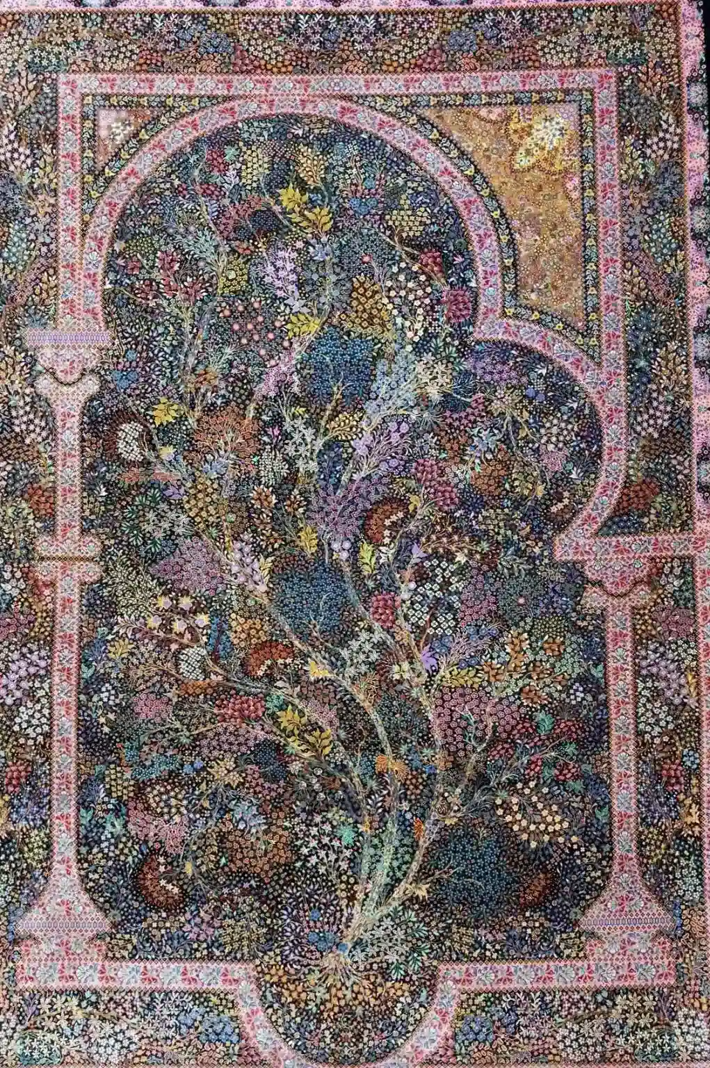Rosewood Portal of Blossoms handmade Qom pure silk carpet with a monumental Tree of Life and floral mosaic border