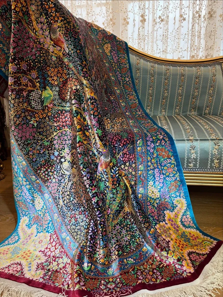 Azure Garden of Songbirds handmade Qom pure silk carpet with birds, flowering Tree of Life and blue floral border