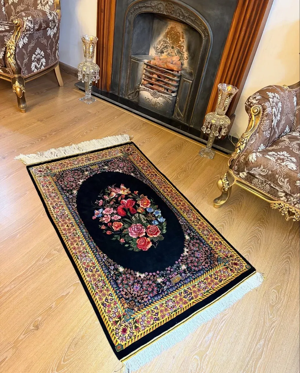 Midnight Bouquet of Birds handmade Qom pure silk carpet with Gol Farang flowers and colourful birds on a black field