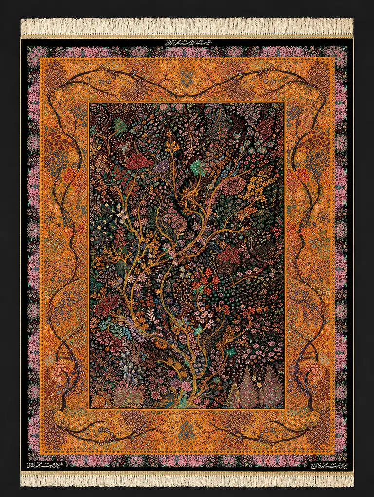 Amber Tree of Blossoms handmade Qom pure silk carpet with a flowering Tree of Life and warm amber garden border