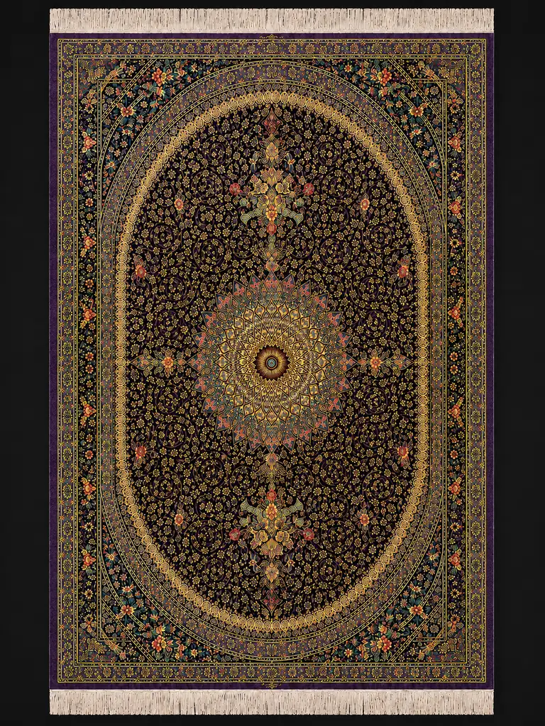 Imperial Plum Sunburst handmade Qom pure silk carpet with oval sunburst medallion and Shah Abbasi arabesques