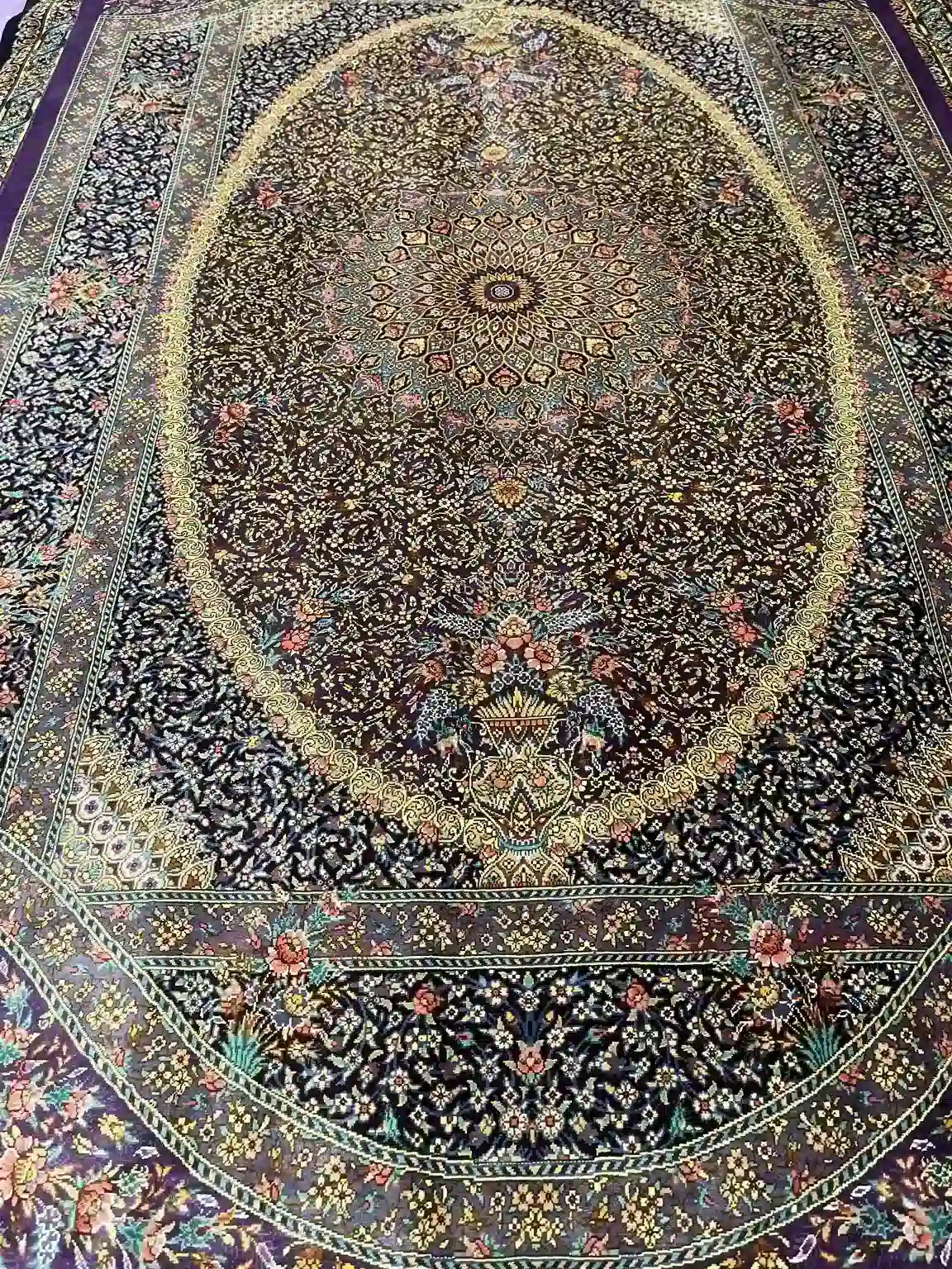 Imperial Plum Sunburst handmade Qom pure silk carpet with oval sunburst medallion and Shah Abbasi arabesques