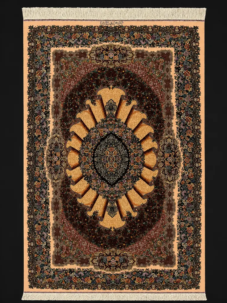 Ivory Fan of Roses handmade Qom pure silk carpet with fan medallion and floral garlands