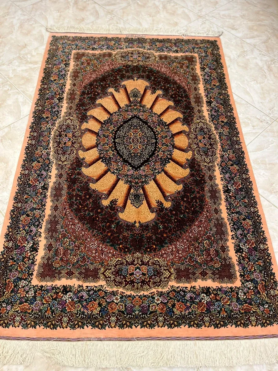 Ivory Fan of Roses handmade Qom pure silk carpet with fan medallion and floral garlands