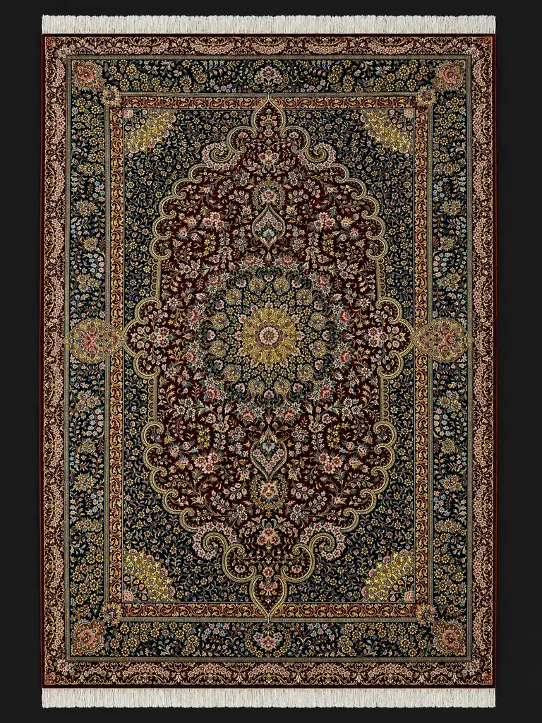 Burgundy Garden Pavilion handmade Qom pure silk carpet with floral medallion and arabesques