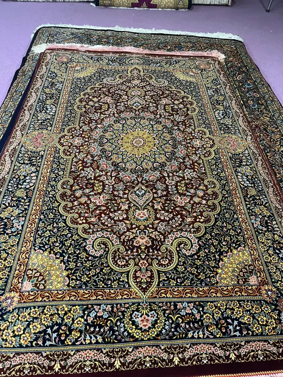Burgundy Garden Pavilion handmade Qom pure silk carpet with floral medallion and arabesques