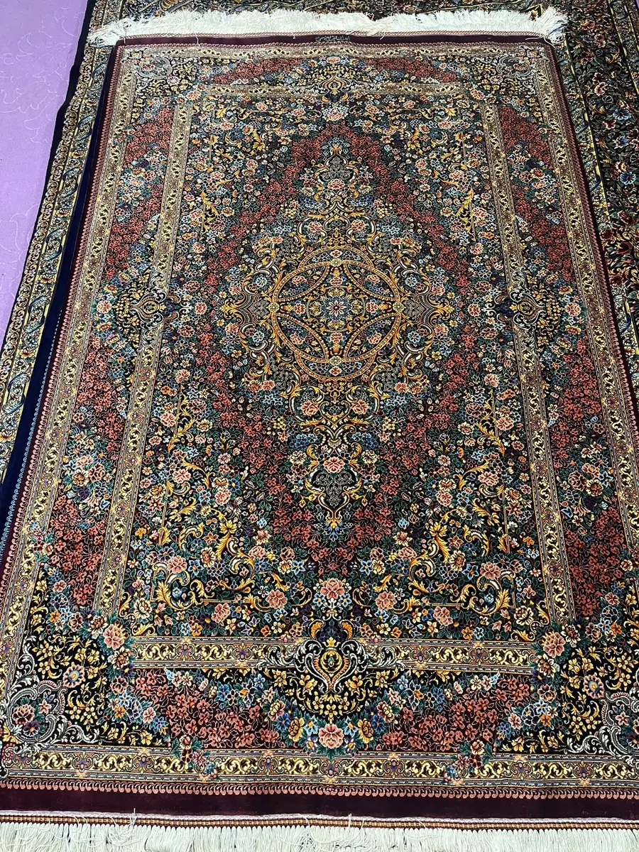 Crimson Jewel Medallion handmade Qom pure silk carpet with floral medallion and gold arabesques