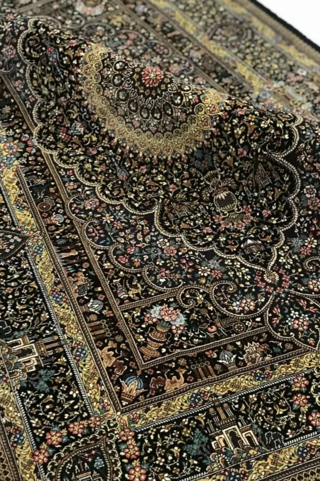 Obsidian Palace Garden handmade Qom pure silk carpet with architectural garden panels