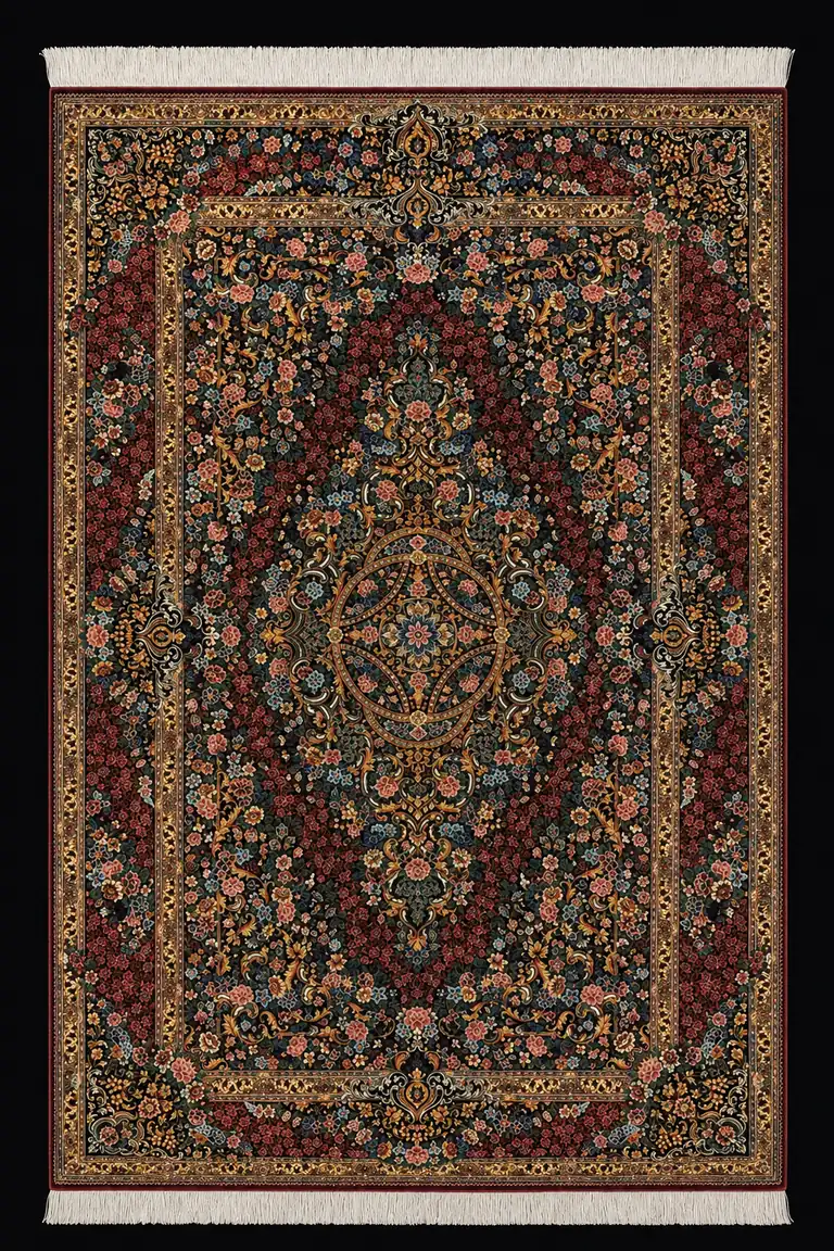 Garnet Jewel Medallion handmade Qom pure silk carpet with floral medallion and arabesques
