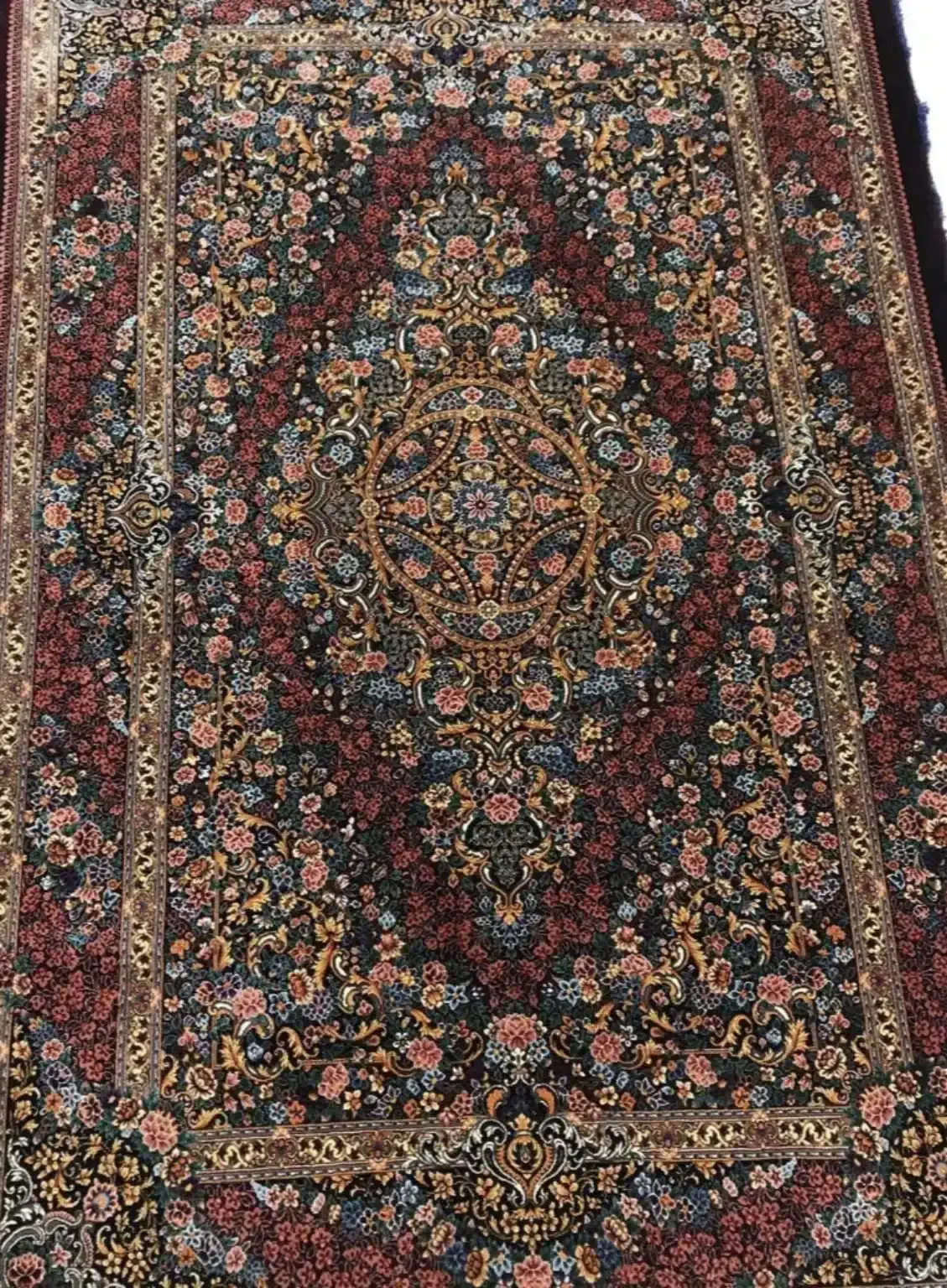 Garnet Jewel Medallion handmade Qom pure silk carpet with floral medallion and arabesques