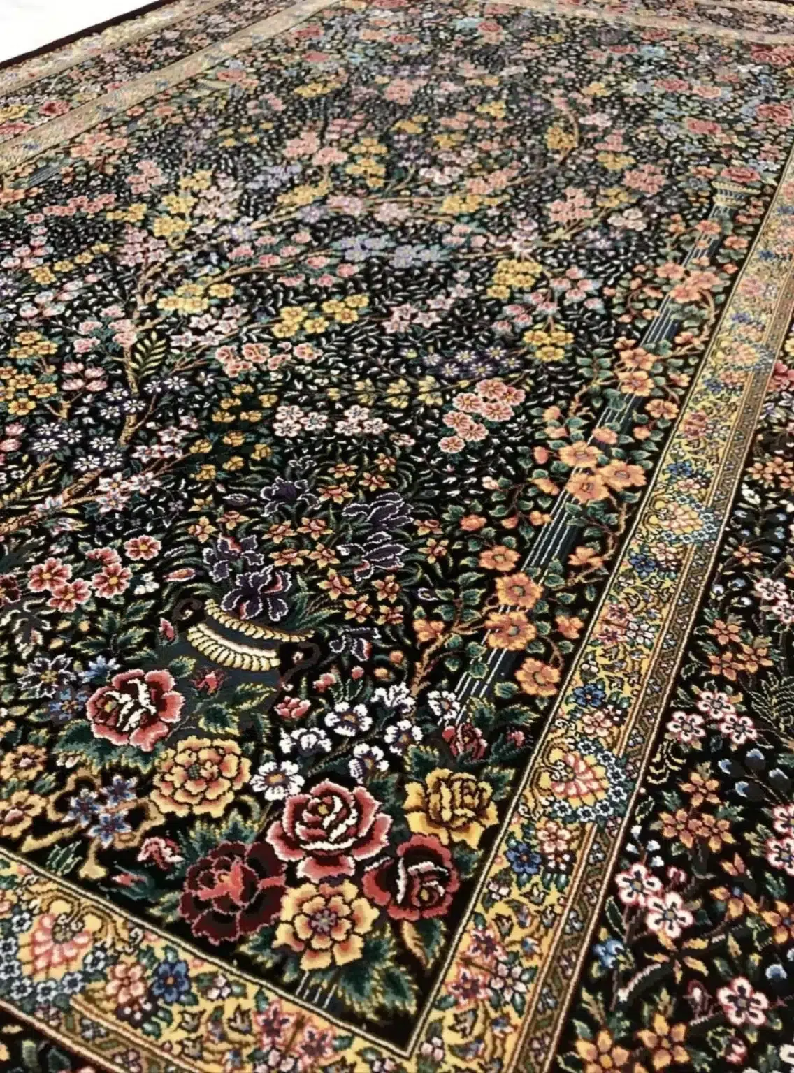 Midnight Rose Garden handmade Qom pure silk carpet with all-over roses and flowering branches