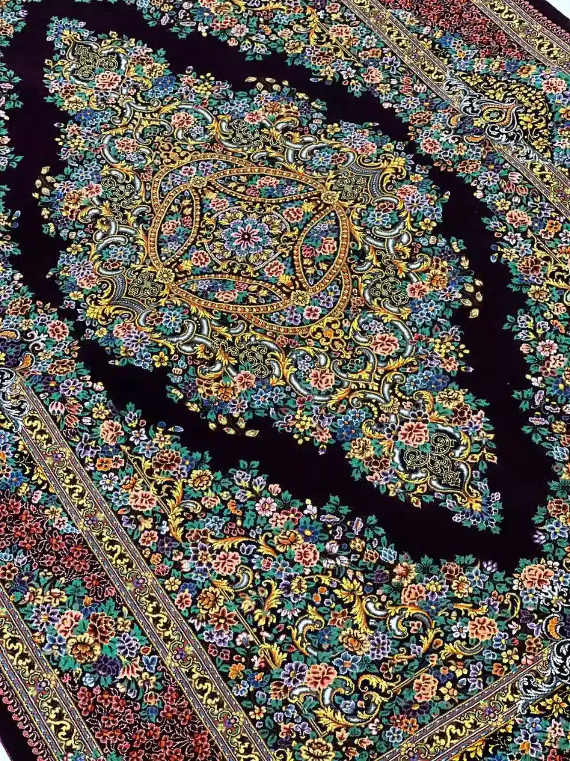 Aubergine Imperial Rosette handmade Qom pure silk carpet with ornate medallion and floral arabesques