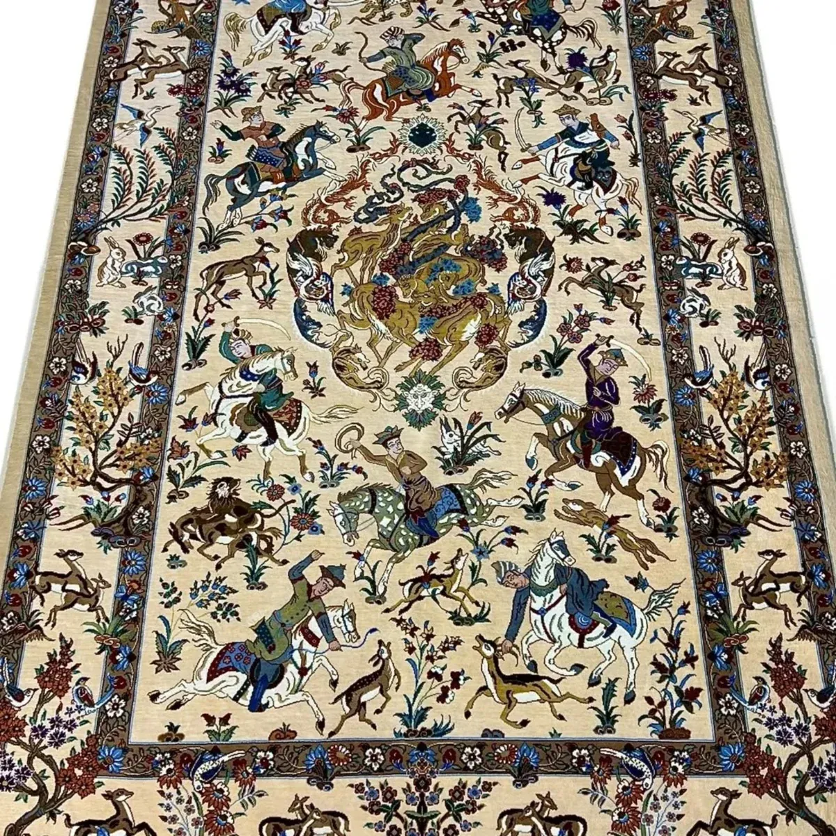 Ivory Royal Hunt handmade Qom pure silk pictorial carpet with riders and animals