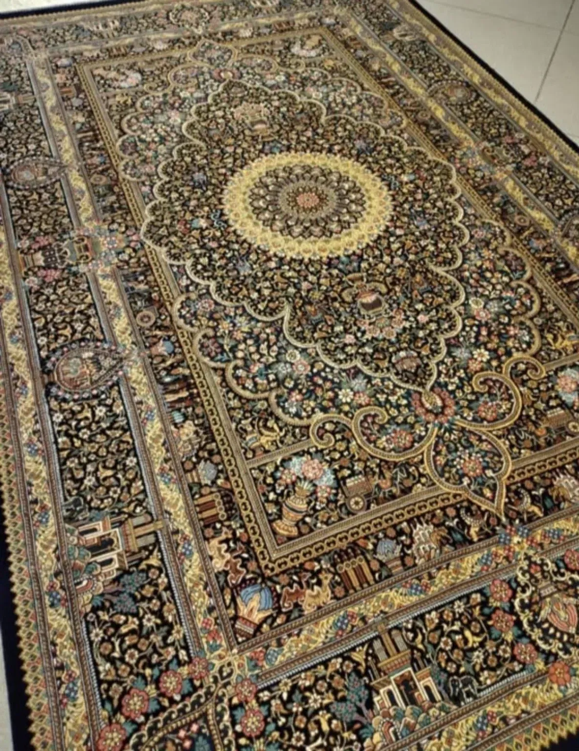Midnight Palace Rosette handmade Qom pure silk carpet featuring a monumental scalloped palace medallion, architectural garden panels and finely layered floral borders