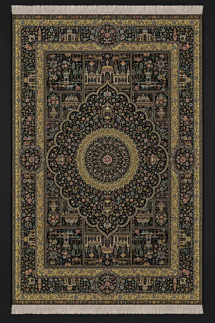 Obsidian Palace Tapestry handmade Qom pure silk carpet featuring architectural garden compartments, miniature vases and floral scrolls across a dramatic dark field