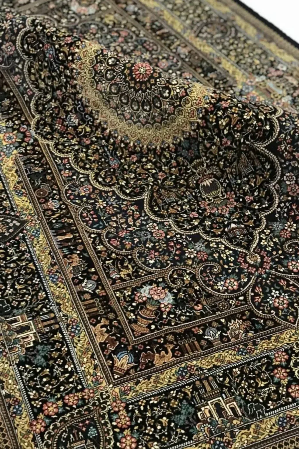 Obsidian Palace Tapestry handmade Qom pure silk carpet featuring architectural garden compartments, miniature vases and floral scrolls across a dramatic dark field