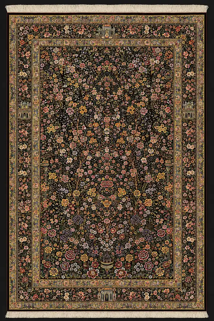 Midnight Rosewood Garden handmade Qom pure silk carpet featuring an abundant all-over garden of roses, flowering branches and elegant architectural border details