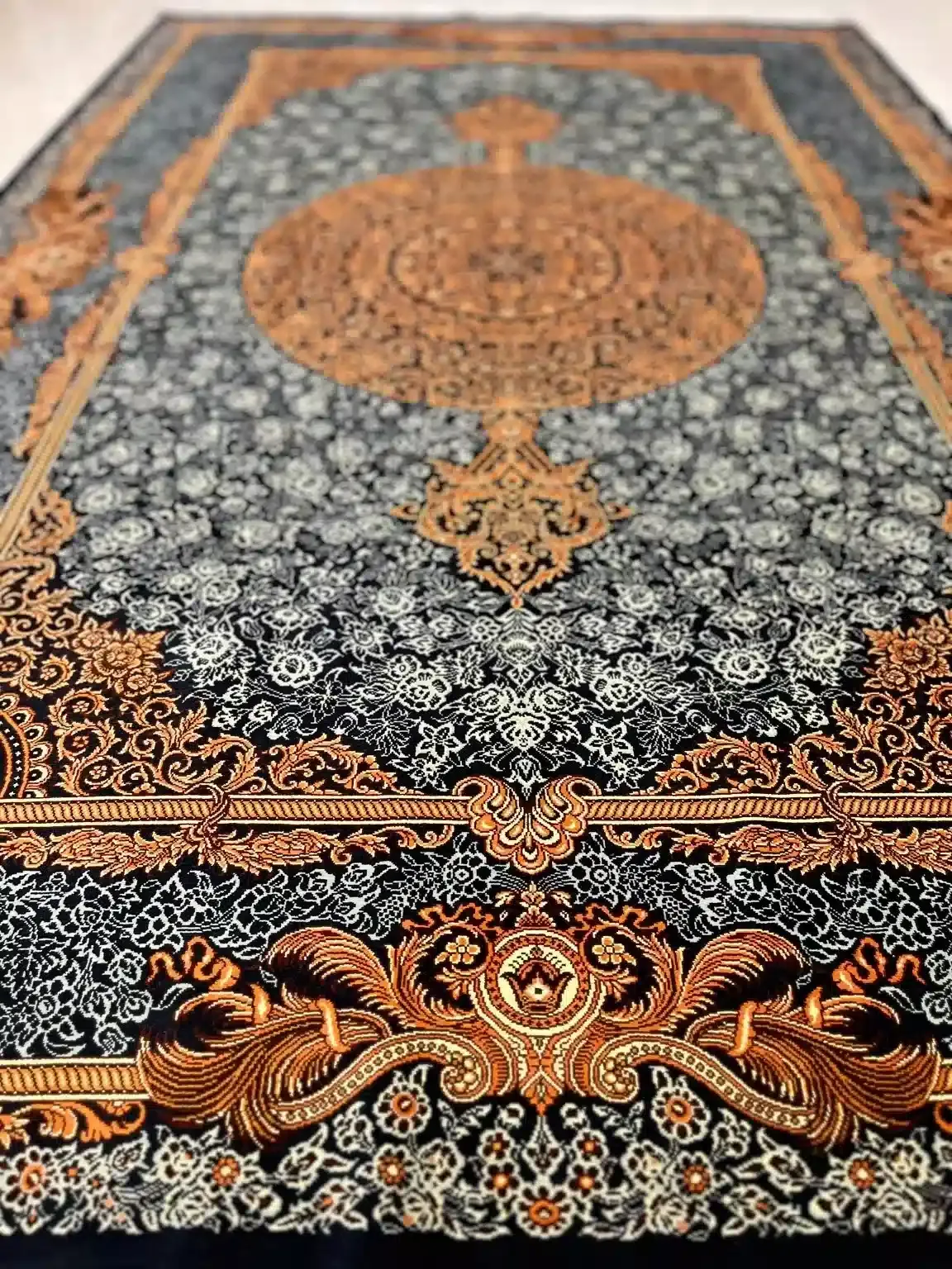 Ember Crown Medallion handmade Qom pure silk carpet featuring a bold ember-toned crown medallion, monochrome floral tracery and contemporary Baroque symmetry