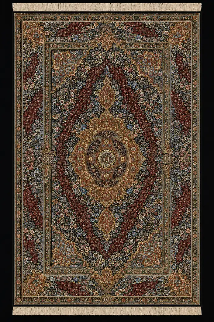 Garnet Imperial Rosette handmade Qom pure silk carpet featuring a stately central rosette framed by garnet floral fields, layered cartouches and finely drawn arabesques