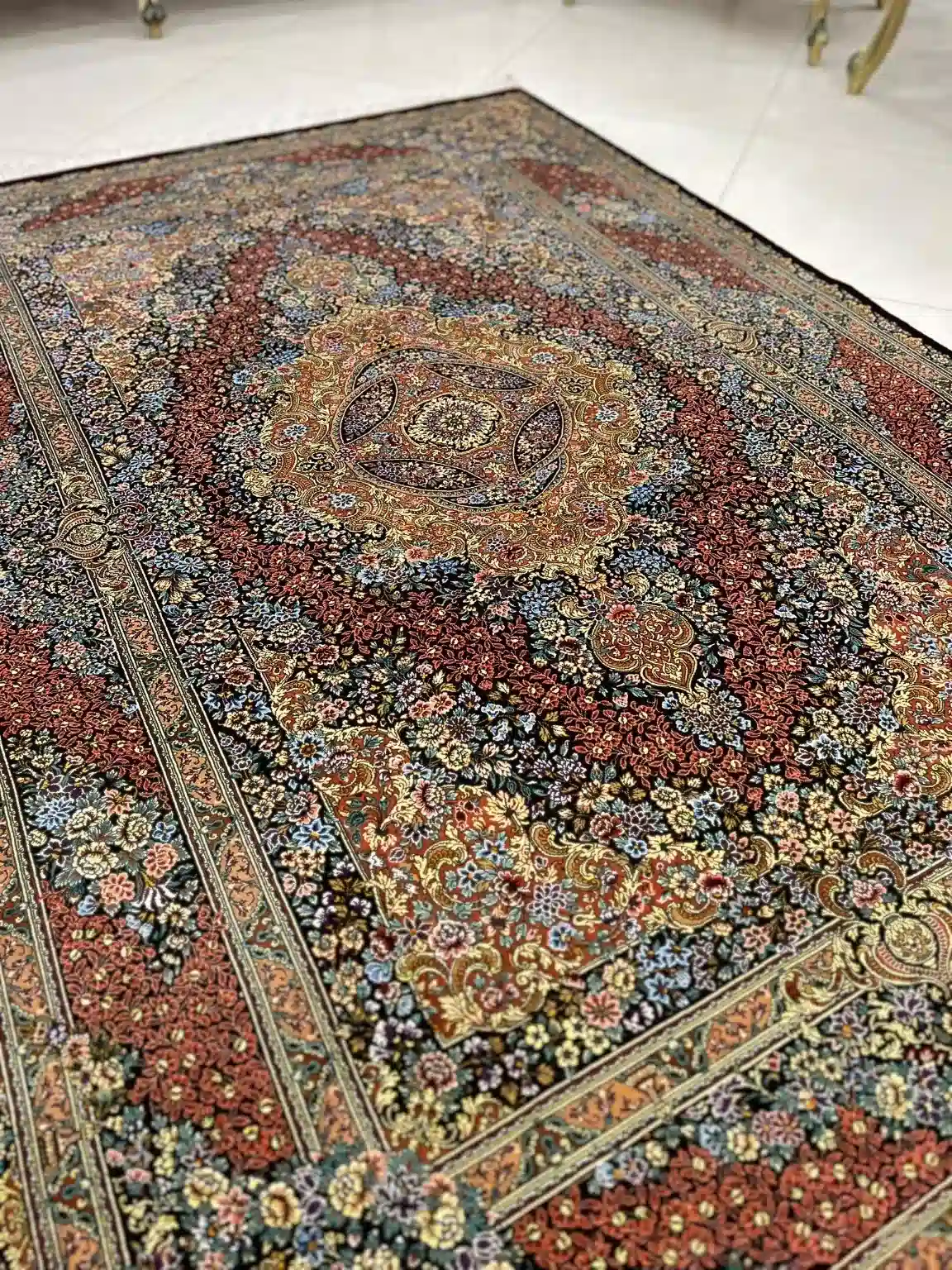 Garnet Imperial Rosette handmade Qom pure silk carpet featuring a stately central rosette framed by garnet floral fields, layered cartouches and finely drawn arabesques