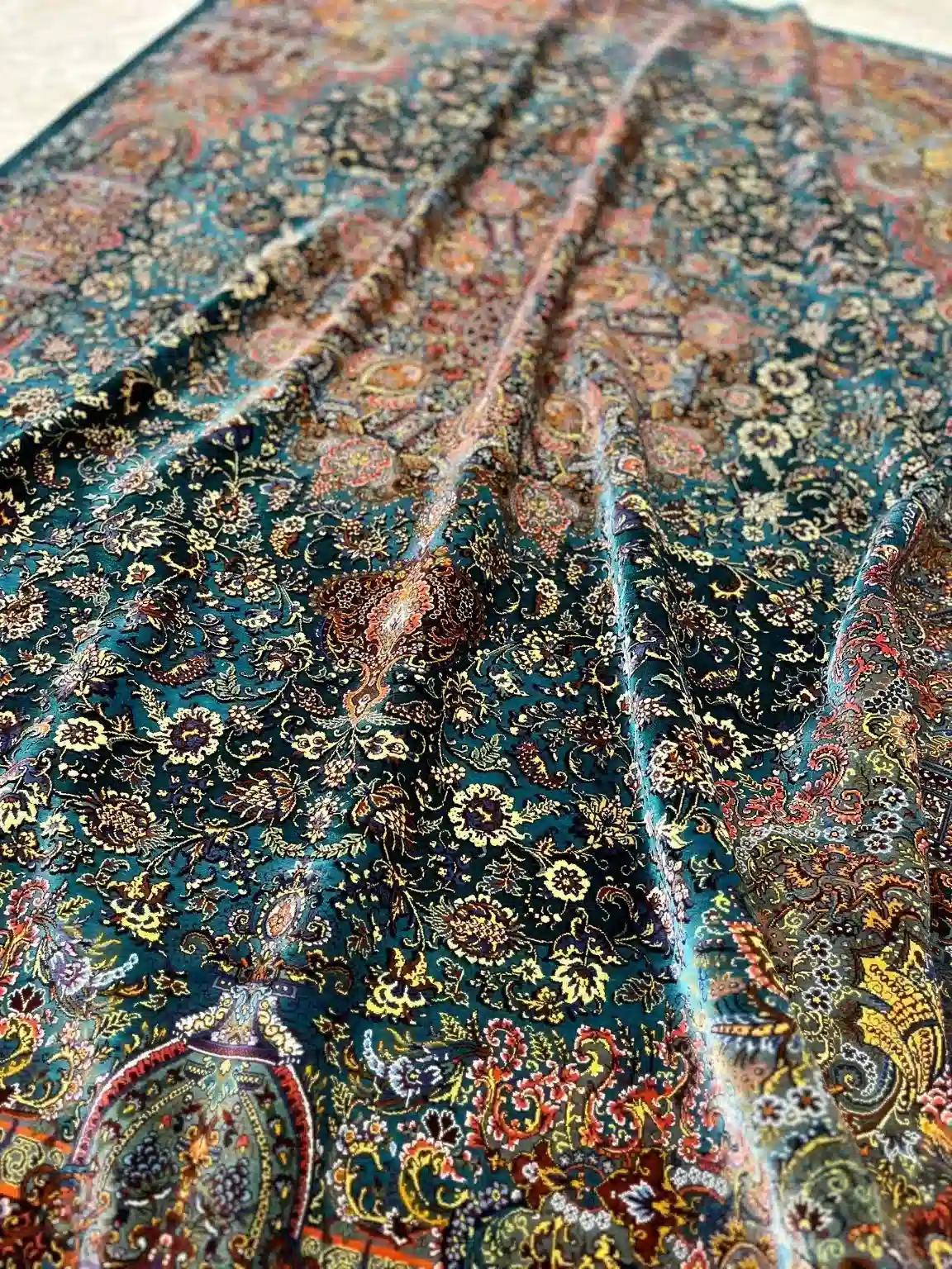 Teal Shah Abbasi Tapestry handmade Qom pure silk carpet featuring an expansive teal field alive with Shah Abbasi palmettes, Eslimi scrolls and richly coloured floral tracery