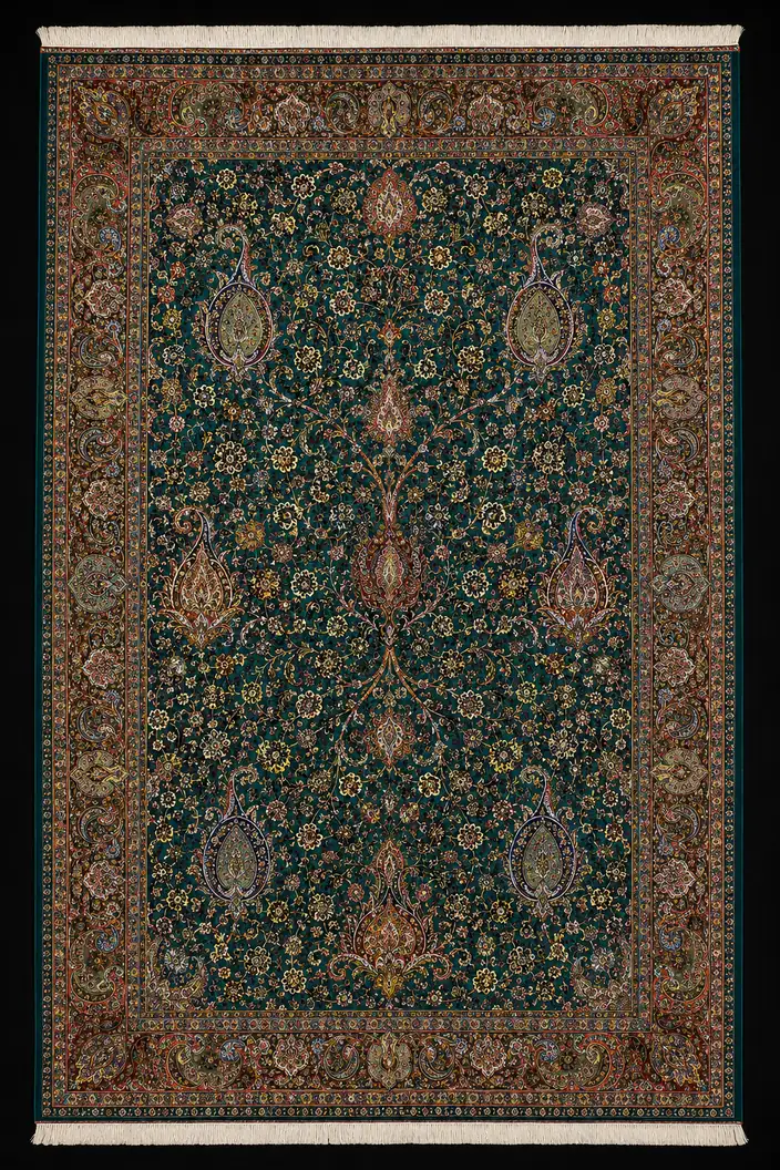 Teal Shah Abbasi Tapestry handmade Qom pure silk carpet featuring an expansive teal field alive with Shah Abbasi palmettes, Eslimi scrolls and richly coloured floral tracery