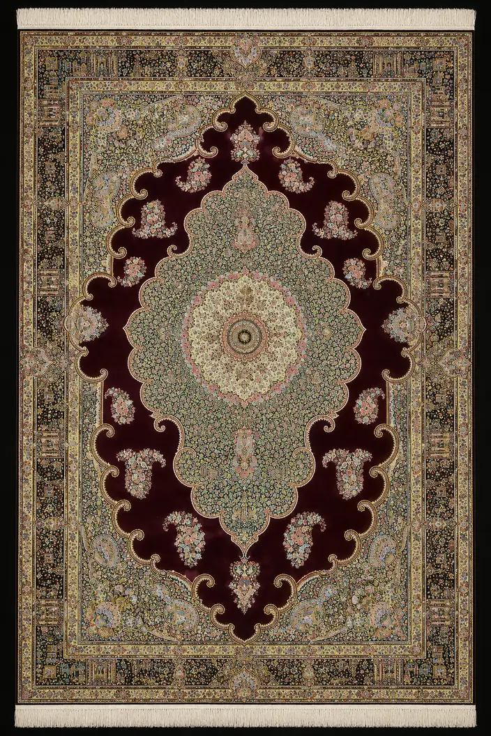 Burgundy Palace Grandeur handmade Qom pure silk carpet featuring a six-square-metre palace-scale medallion carpet with sweeping burgundy corners, garden motifs and architectural detailing