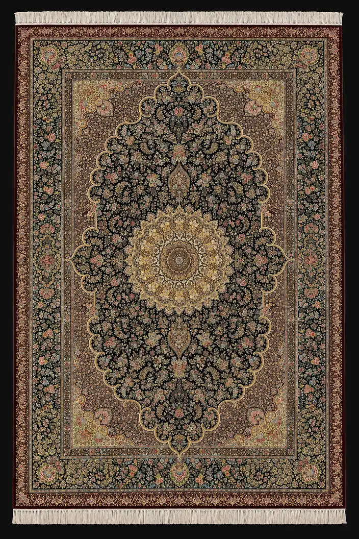 Midnight Grand Rosette handmade Qom pure silk carpet featuring a majestic six-square-metre scalloped medallion surrounded by a lavish Shah Abbasi floral garden and multi-layered borders