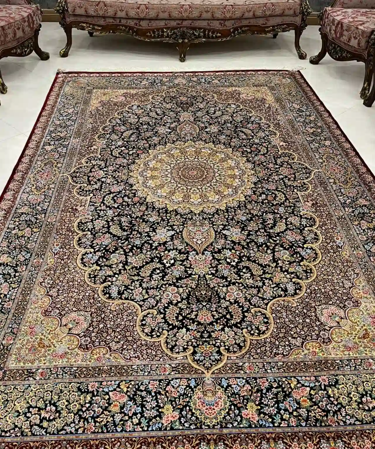 Midnight Grand Rosette handmade Qom pure silk carpet featuring a majestic six-square-metre scalloped medallion surrounded by a lavish Shah Abbasi floral garden and multi-layered borders