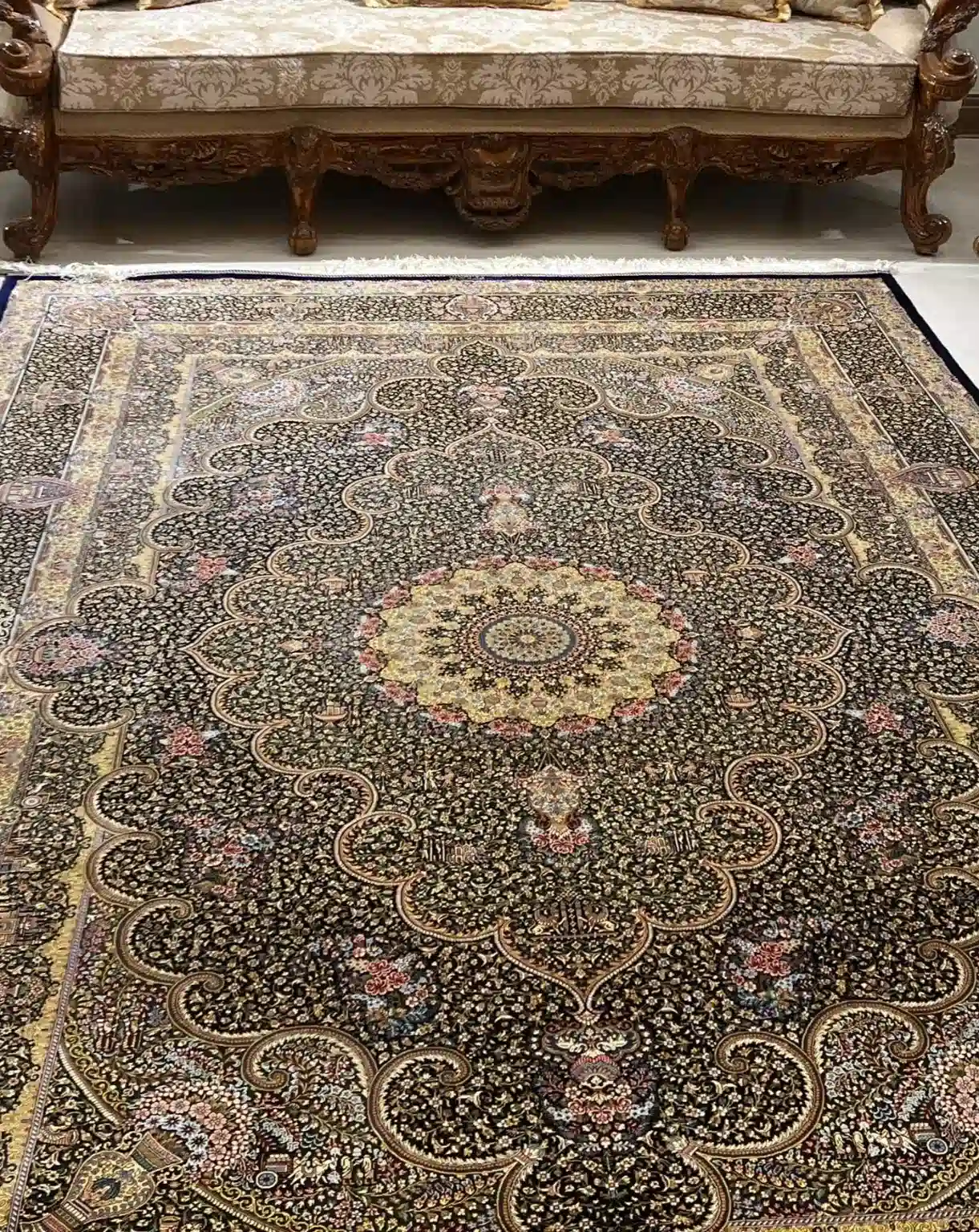 Grand Obsidian Palace Medallion handmade Qom pure silk carpet featuring a monumental scalloped medallion filled with intricate garden and architectural motifs