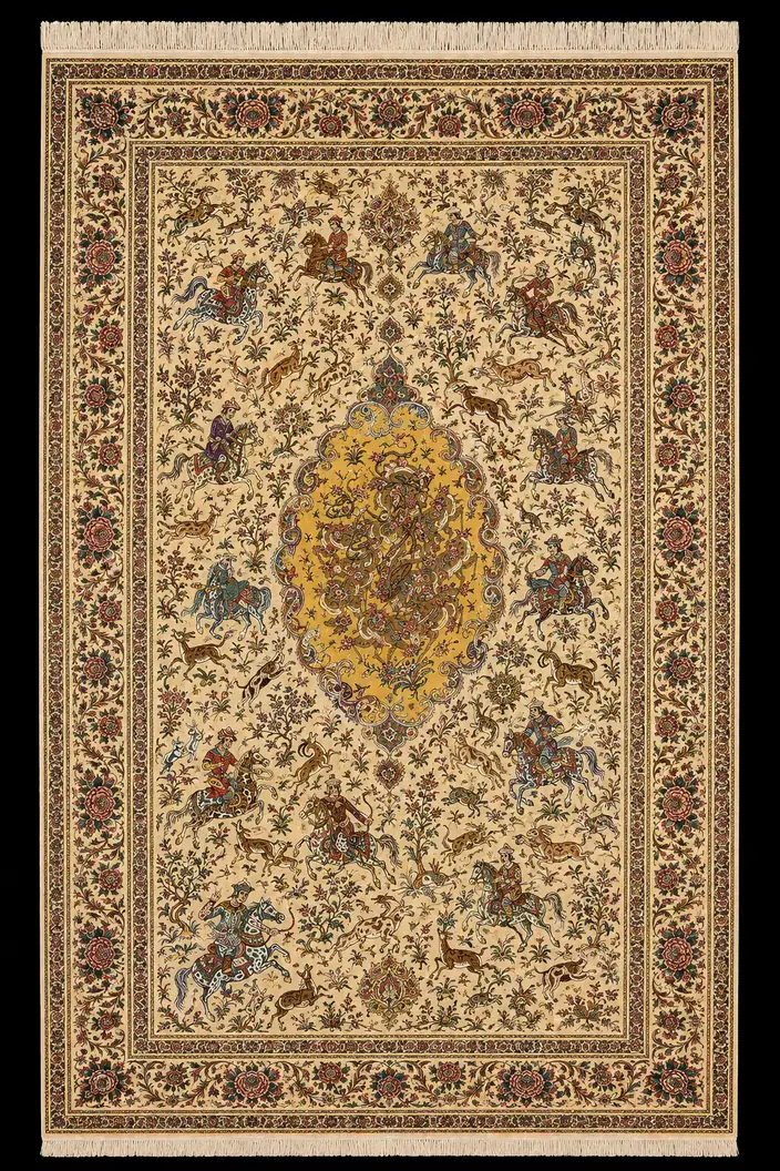 Ivory Imperial Hunt handmade Qom pure silk carpet featuring an expansive royal hunting narrative arranged around a radiant golden medallion