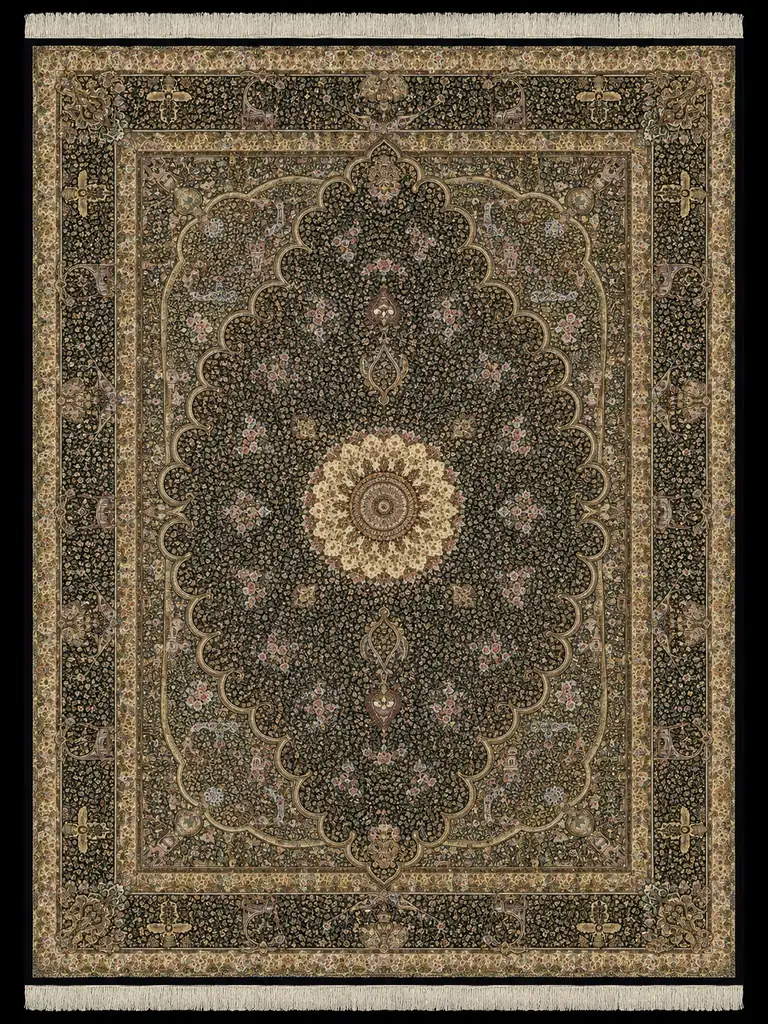 Midnight Palace Rosette handmade Qom pure silk carpet featuring a grand scalloped rosette surrounded by miniature palace and garden details