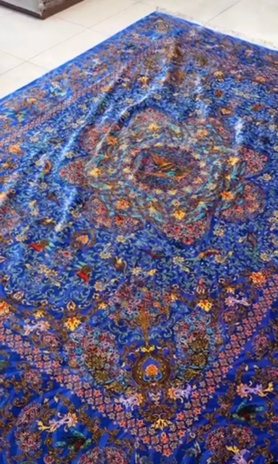 Cobalt Imperial Garden Medallion handmade Qom pure silk carpet featuring a richly layered central medallion floating across a luminous cobalt floral field