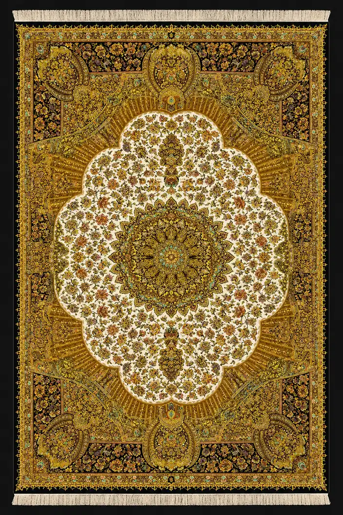 Ivory Golden Dome Medallion handmade Qom pure silk carpet featuring a luminous circular medallion framed by architectural golden panels and dense floral arabesques