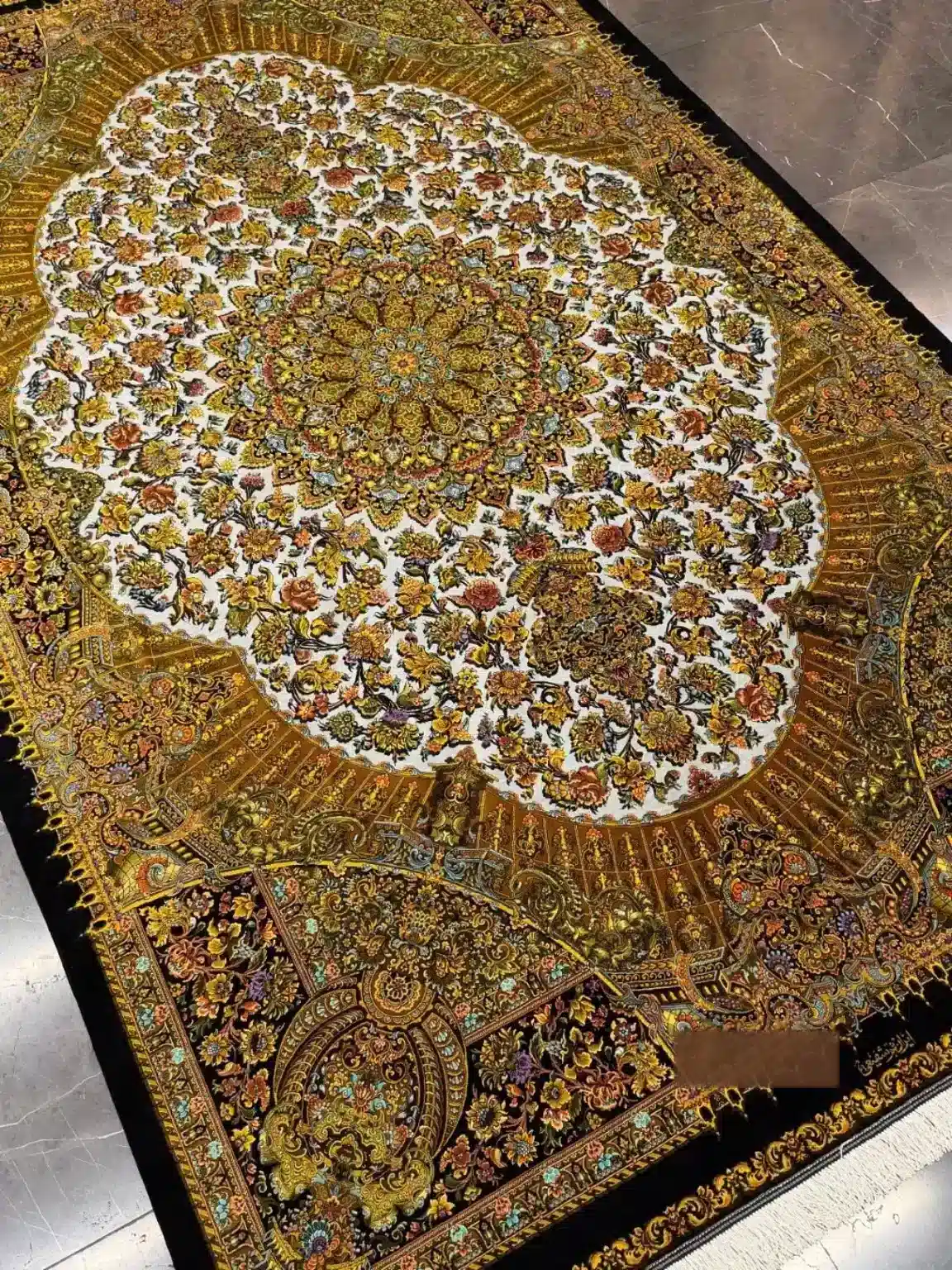 Ivory Golden Dome Medallion handmade Qom pure silk carpet featuring a luminous circular medallion framed by architectural golden panels and dense floral arabesques