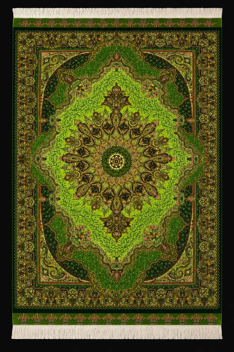 Emerald Imperial Star handmade Qom pure silk carpet featuring a dramatic star medallion set within layered emerald fields and sweeping paisley arabesques