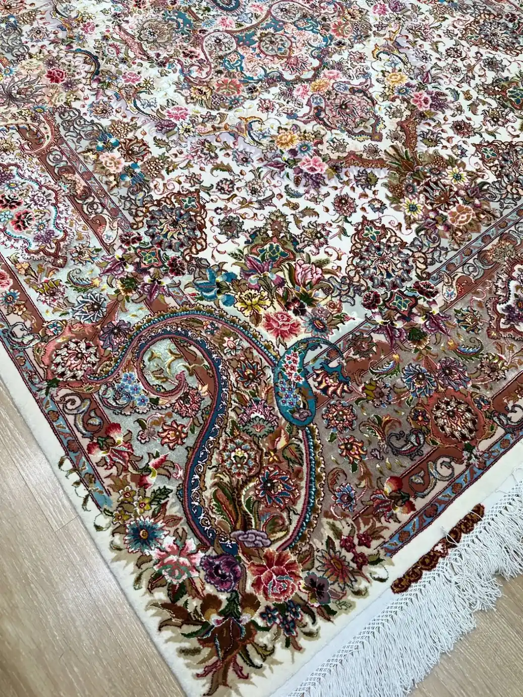 Royal Ivory Paradise Tabriz Carpet Pair — detail 1
